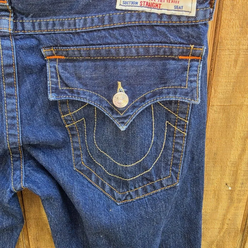 True Religion Straight Dark Wash Horseshoe Stitching Jeans Mens Size 38